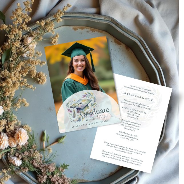 Convites Charming Graduate Cap Blue and Green Shades (Charming Graduate Cap Blue and Green Shades Watercolor Effect Photo Graduation Invitation Card.)