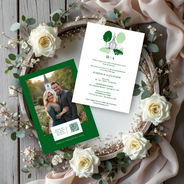 Convites Charming Green Church Illustration Christian (Charming Green Shades Church Illustration Christian Wedding Invitation Cards with Back Photo.)