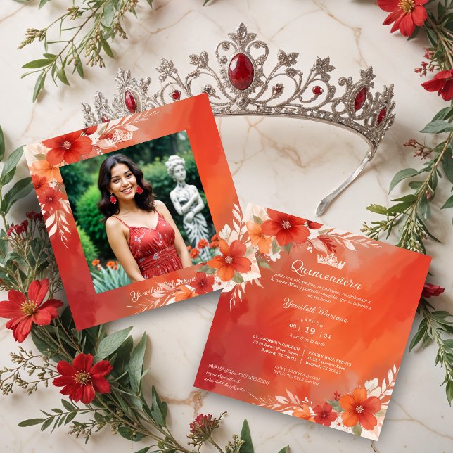 Convites Charming Lovely Floral Frame Garland Spanish Photo (Charming Lovely Floral Frame Garlands Spanish Photo Quinceañera Invitations Cards in Red Shades.)