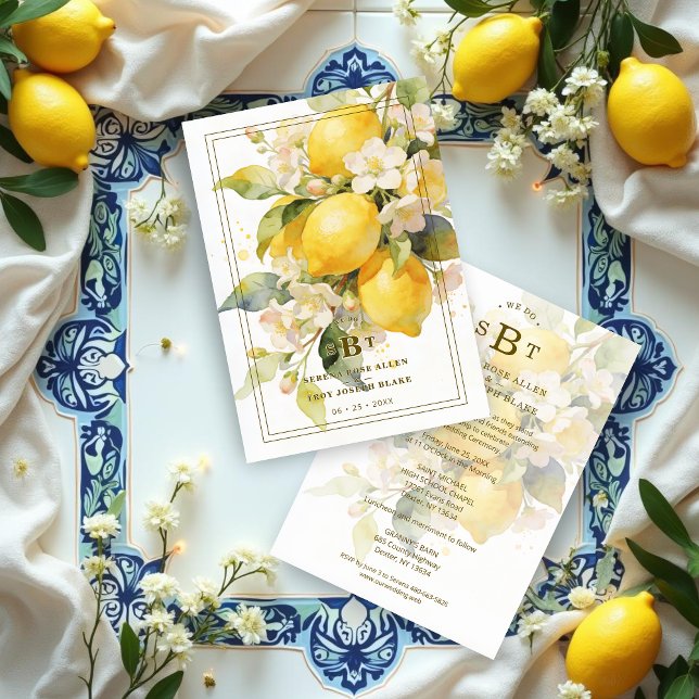 Convites Charming Mediterranean Botanical Floral Lemons (Charming Romantic Mediterranean Botanical Floral Lemons Branch Composition Wedding Invitation Cards )