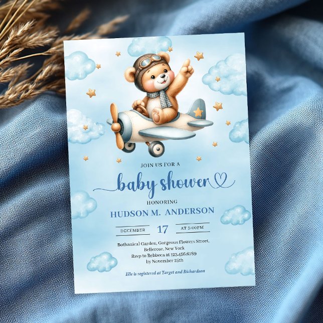 Convites Charming pilot teddy bear blue boy shower invites (Charming pilot teddy bear blue boy shower invitation)