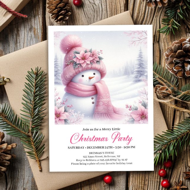 Convites Charming Pink Snowman Editable Christmas Invite   (Charming Pink Snowman Editable Christmas Invite for Kids)