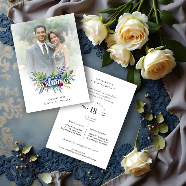 Convites Charming Romantic Floral & Transparency Overlay (Charming Romantic Floral & Transparency Overlay Wedding Invitation Cards with Photo.)