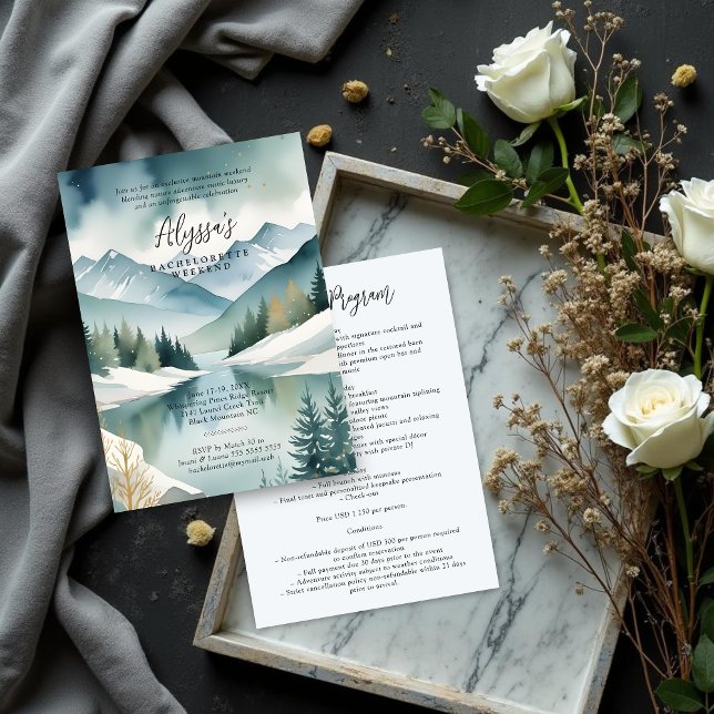 Convites Charming Rustic Mountains Landscape Watercolor (Charming Rustic Mountains Landscape Watercolor effect Bachelorette Weekend Invitation Design.)