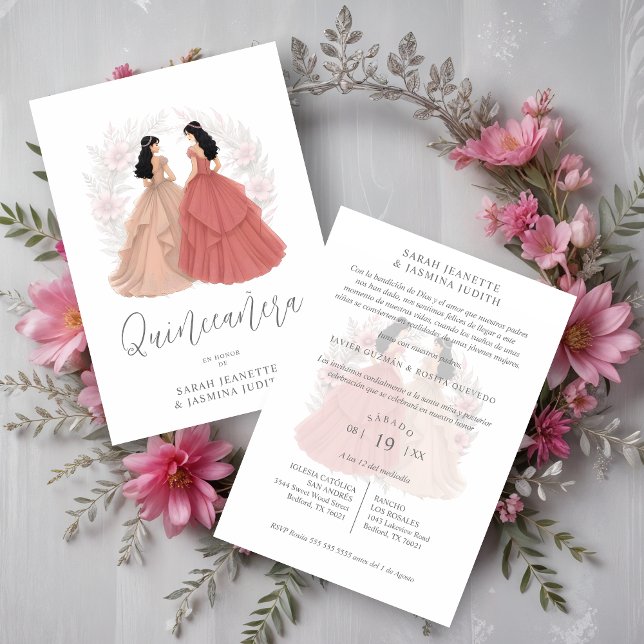 Convites Charming Spanish Dusty Pink Shades XVs Twins (Charming Spanish Dusty Pink Shades Quinceañera Twins Invitations Cards.)