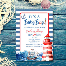 Convites Charming Striped Blue Red Nautical Ahoy Baby Boy