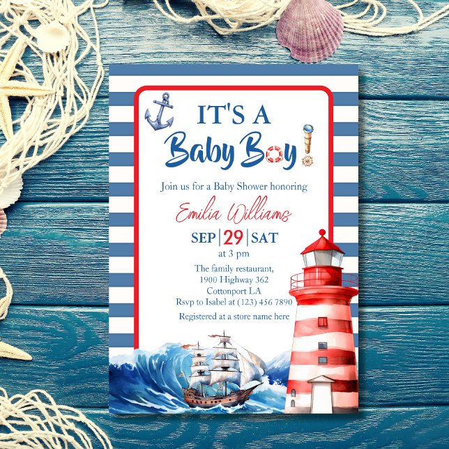 Convites Charming Striped Blue Red Nautical Ahoy Baby Boy (Criador carregado)