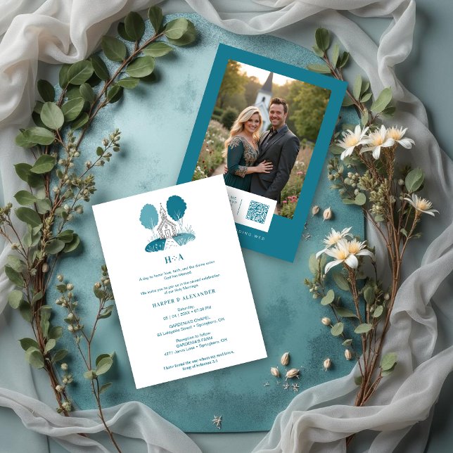 Convites Charming Teal Church Christian Wedding (Charming Teal Church Illustration Christian Wedding Invitation Cards with Back Photo & QR Code.)