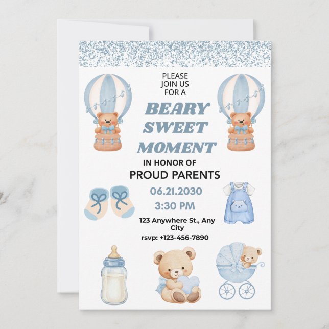CONVITES CHARMING WHITE  SKY BLUE 5X7  BEAR BOY CHUVA DE BE (Frente)
