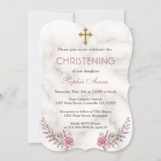 Convites Charmosa Rosa Floral Marble Girl Christening
