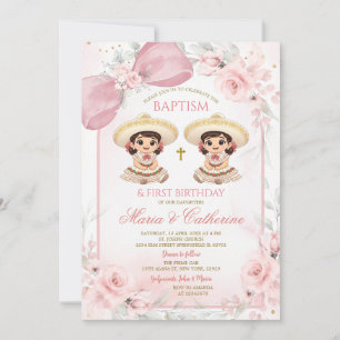 Convites Charra Gêmeas Meninas Rosa Floral Batismo 1º Anive
