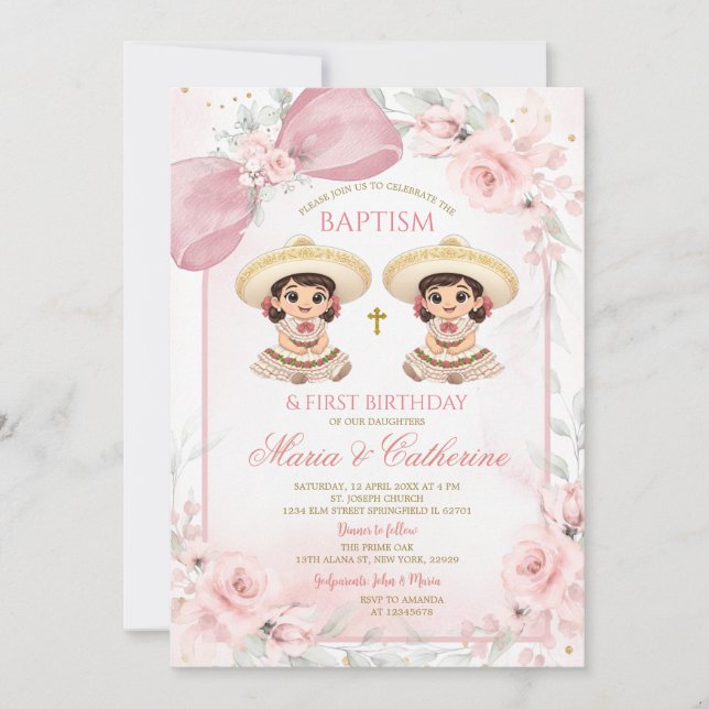 Convites Charra Gêmeas Meninas Rosa Floral Batismo 1º Anive (Frente)