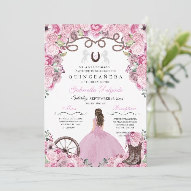 Convites Charra Girl Ranchero Quinceanera rosa ocidental (Em pé/Frente)