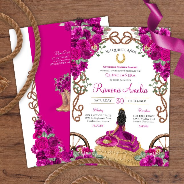 Convites Charra Quinceañera, cor-de-rosa magenta, ocidental (Criador carregado)