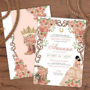 Convites Charra Quinceañera, Floral Ocidental rosa Dourada