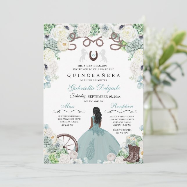Convites Charra Quinceañera, Horse Verde da Casa Ocidental (Em pé/Frente)