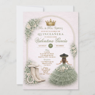 Convites Charra Quinceañera Ocidental em Verde Sage