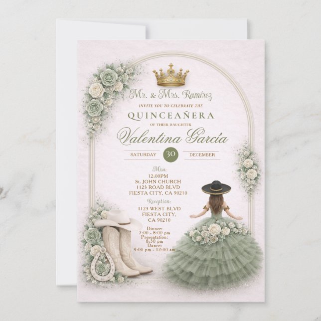 Convites Charra Quinceañera Ocidental em Verde Sage (Frente)