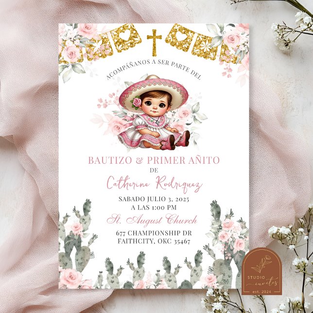 Convites Charra Rosas Rosa Bautizo Mexicano e Primer Anito (Criador carregado)