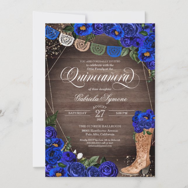 Convites Charra Rustic Cowgirl Boots Rosas Azuis Quinceañer (Frente)