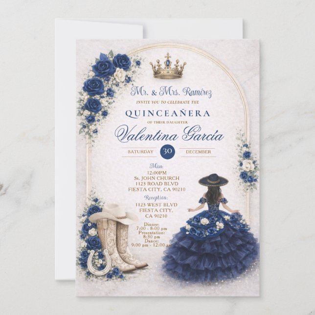 Convites Charra Western Quince Navy Blue Quinceañera (Frente)