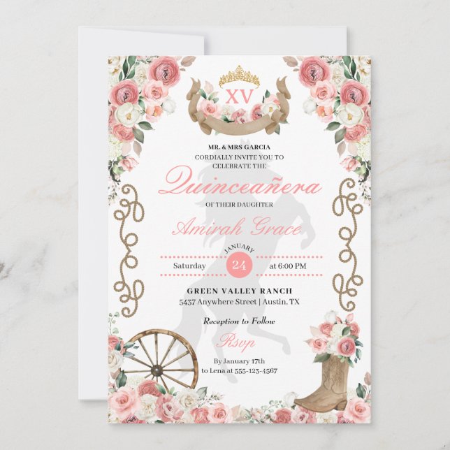 Convites Charro CowGirl Quinceañera, rosa, ocidental (Frente)