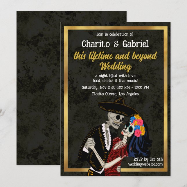 Convites Charro e Catrina Sugar Skulls Dançando Casamento (Frente/Verso)