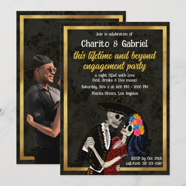 Convites Charro e Catrina Sugar Skulls - Noivado de dança (Frente/Verso)