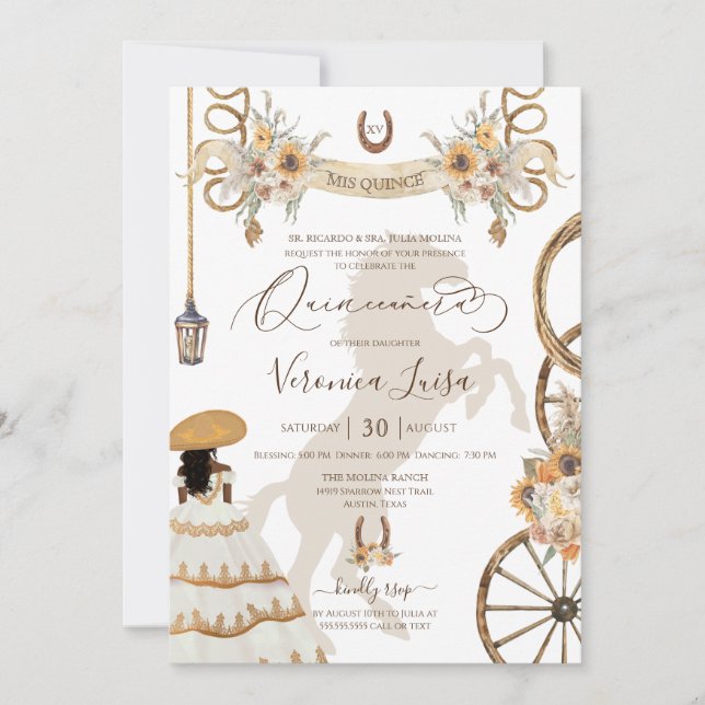 Convites Charro Floral Boho Rustic Country Quinceanera v2 (Frente)