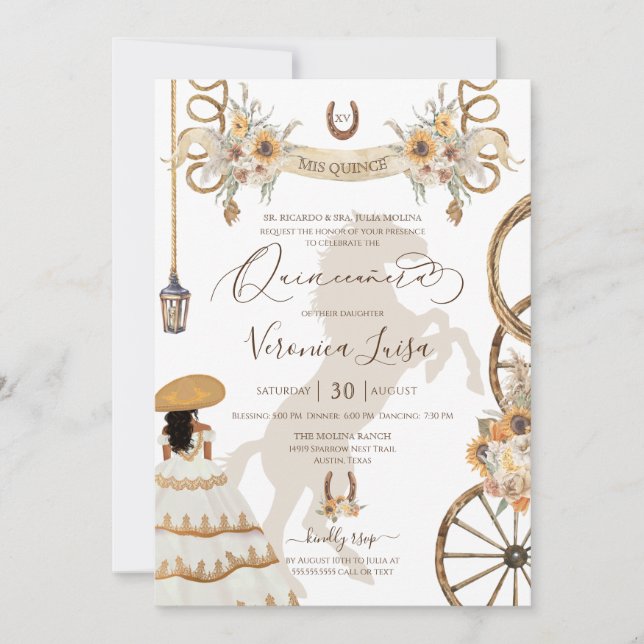 Convites Charro Floral Boho Rustic Country Quinceanera v2 (Frente)
