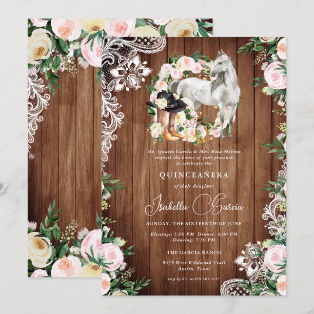 Convites Charro Horse Cowgirl Quinceañera 15 Birthday (Frente/Verso)