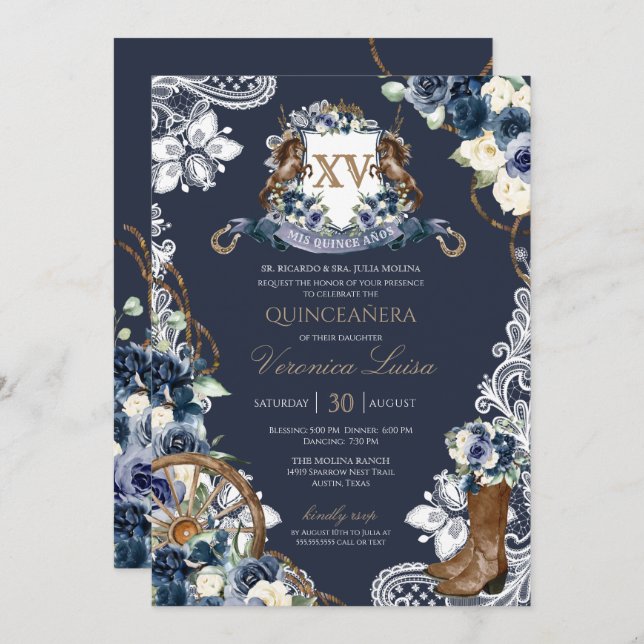 Convites Charro Horse Crest Royal Marinho Blue Quinceanera  (Frente/Verso)