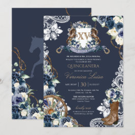 Convites Charro Horse Crest Royal Marinho Blue Quinceanera 