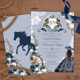 Convites Charro Horse Crest Royal Marinho Blue Quinceanera 