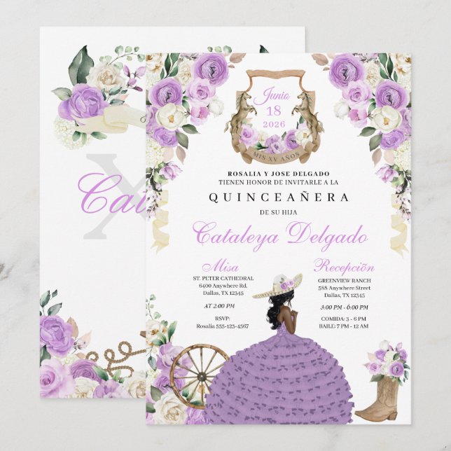 Convites Charro Princess Lilac Western Quinceañera (Frente/Verso)