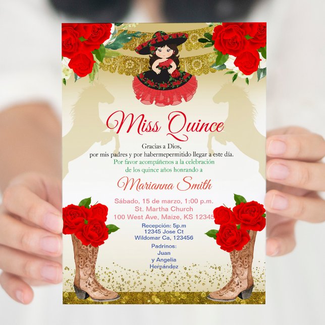 Convites Charro Quinceañera dourado vermelho (Criador carregado)