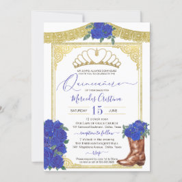 Convites Charro Quinceanera Floral Dourado Rosa Real Azul