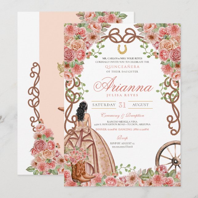 Convites Charro Quinceanera Floral Ocidental, Cor-de-Rosa,  (Frente/Verso)
