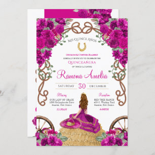 Convites Charro Quinceanera Floral Ocidental Magenta Rosa Q