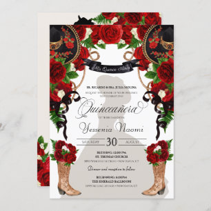 Convites Charro Quinceanera Ocidental das rosas vermelhas e