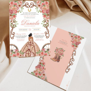 Convites Charro Quinceanera Ocidental rosa Dourado Elegante