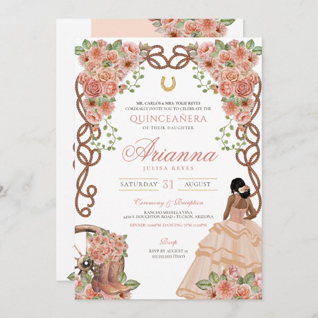 Convites Charro Quinceañera Rosa Dourada Blush Floral (Frente/Verso)