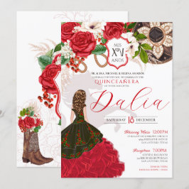 Convites Charro Quinceañera Rosa vermelha Floral Crest Ocid