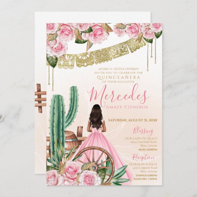 Convites Charro Rosa Oeste Belo Rosa de Cactos (Frente/Verso)