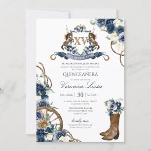 Convites Charro Royal Marinho Blue Floral Crest Quinceanera