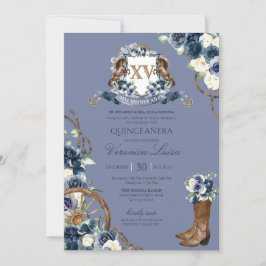 Convites Charro Royal Marinho Blue Floral Crest Quinceanera