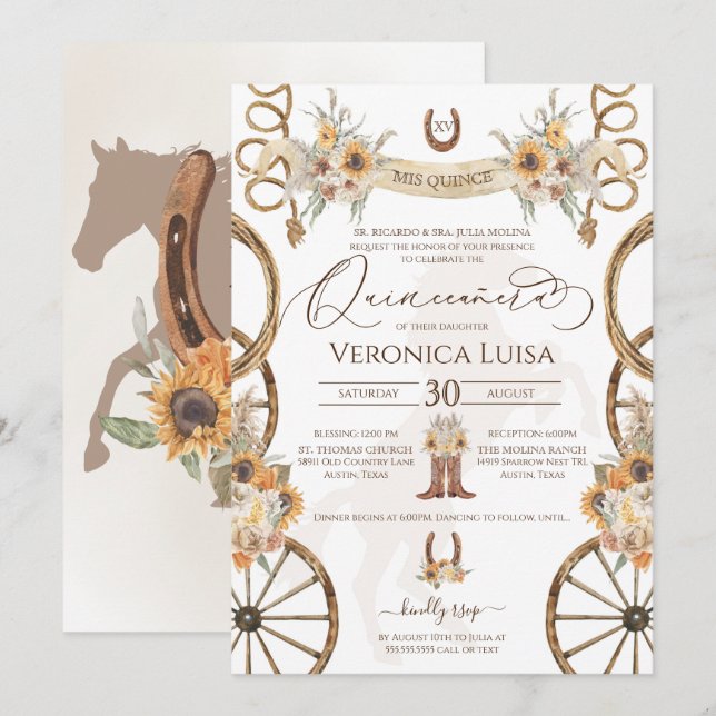 Convites Charro Sunflower Country Rustic Quinceanera (Frente/Verso)