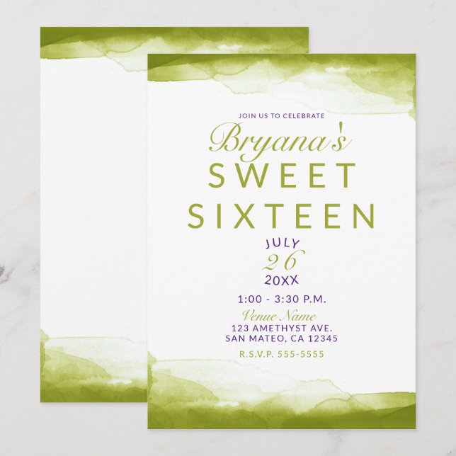 Convites Chartreuse Green Watercolor Chic Sweet 16 Party (Frente/Verso)