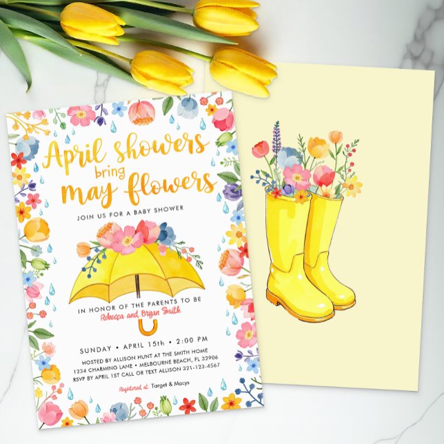 Convites Chás de abril trazem Chá de fraldas de flores (Umbrella Spring Baby Shower Themed Invite)