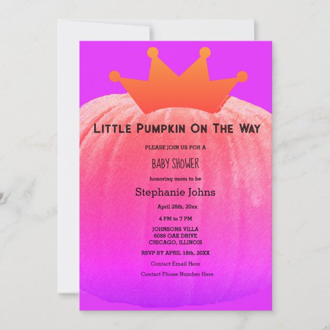 Convites Chás de fraldas Meninas Pumpkin Pink Purple Código (Frente)